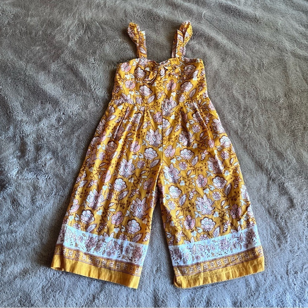 Girls Mustard Yellow Floral Wide Leg Jumpsuit Ruffle Straps Boho One-Piece